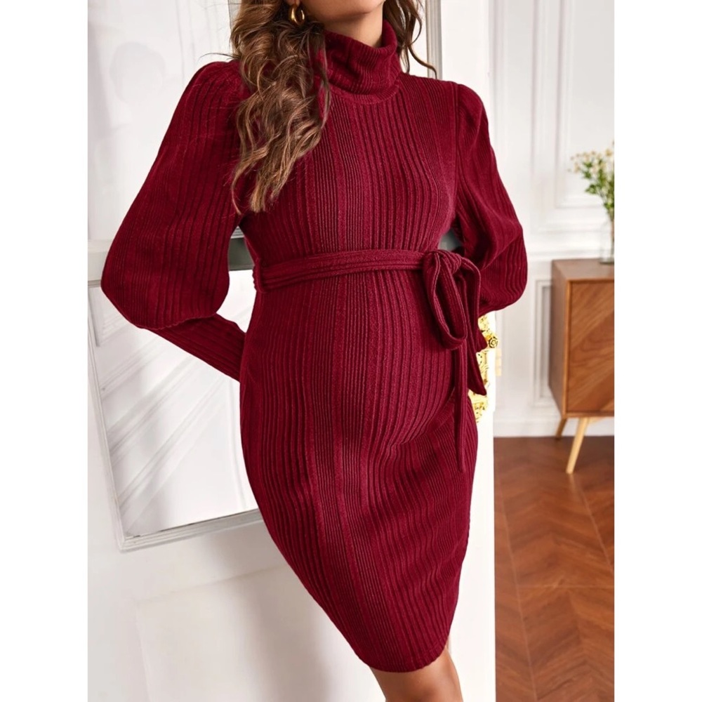Ginny Maternity Turtleneck Gigot Sleeve Belted Dress
